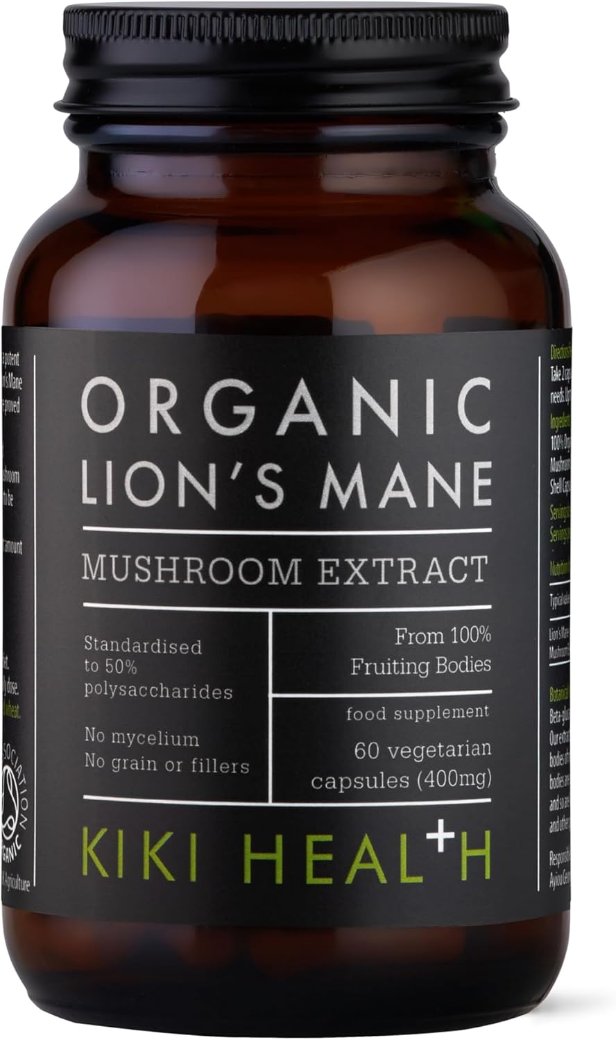 KIKI Health Organic Lion’s Mane Mushroom Extract | Improves Cognition, Memory and Mental Focus | Mind Clarity | Brain Health | 50% Beta-Glucan Rich Polysaccharides | 100% Fruiting Bodies | 60 Vegicaps