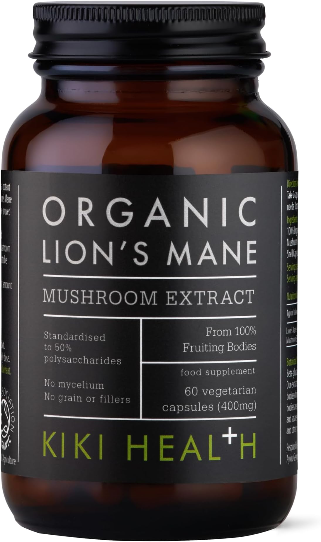 KIKI Health Organic Lion's Mane Mushroom Extract | Improves Cognition, Memory and Mental Focus | Mind Clarity | Brain Health | 50% Beta-Glucan Rich Polysaccharides | 100% Fruiting Bodies | 60 Vegicaps