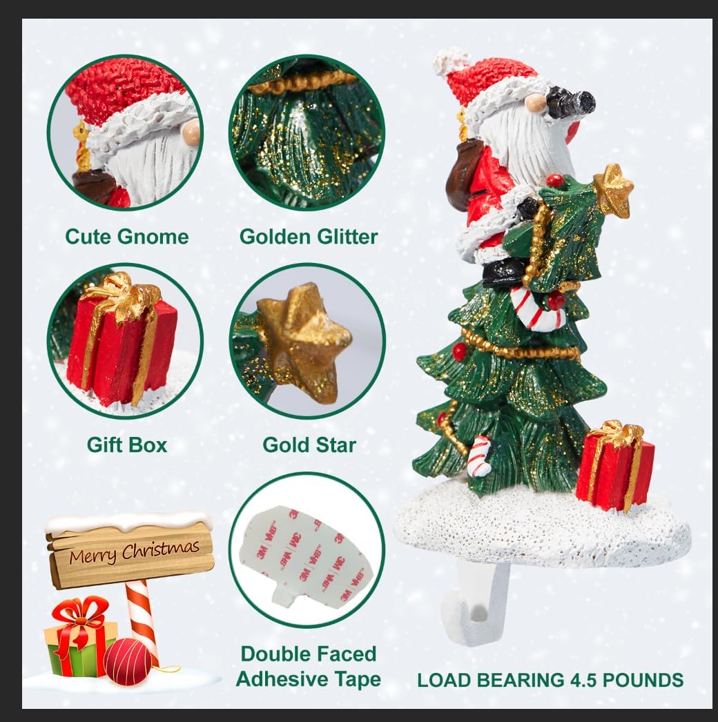 Christmas Tree Stocking Holder Hook, 5.7-inch Decorative Gnome Design, Load Bearing 4.5 lbs,Heavy Duty Resin Hanger for Mantel Fireplace Decor​