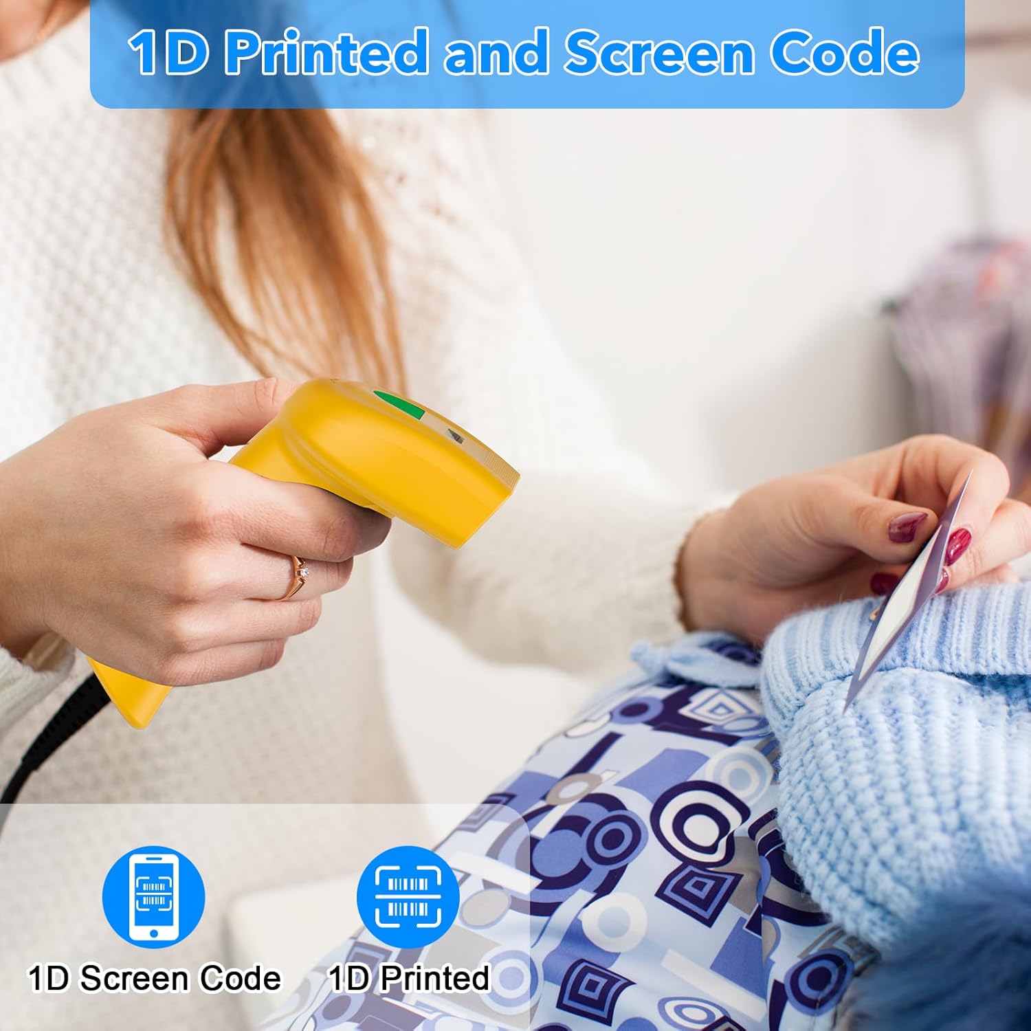 Scanner reading 1D printed and screen codes