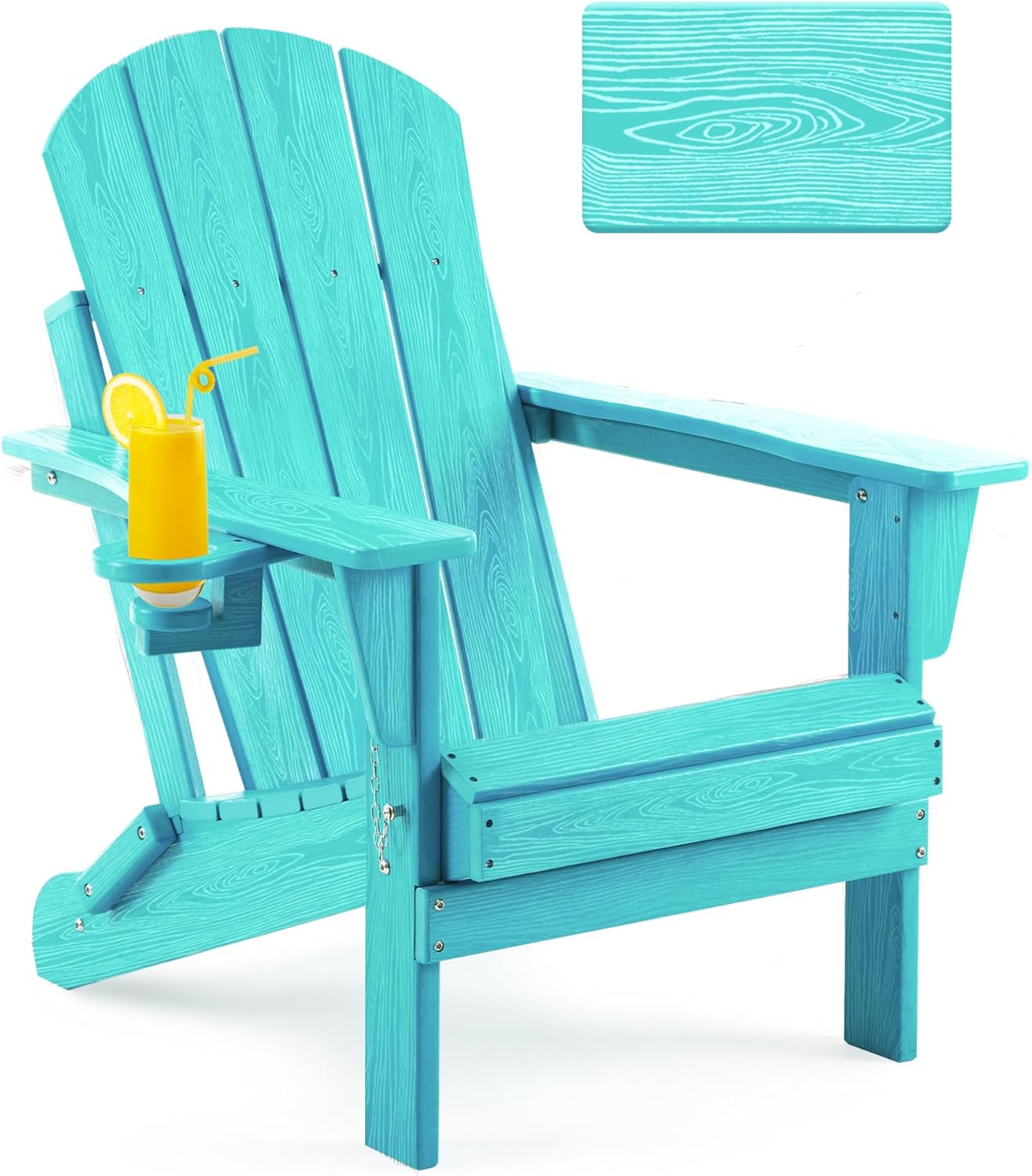 Folding Adirondack Chair Wood Texture, Patio Chairs Weather Resistant, Outdoor Chair, Lawn Chair with Cup Holder, Fire Pit Chair for Deck, Outdoor, Porch, Backyard(Lake Blue)