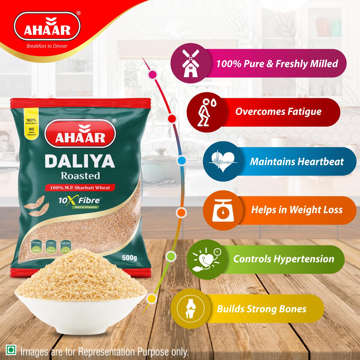 Ahaar Roasted Daliya 1Kg | 100% MP Sharbati Wheat Dalia (500g X 2 Pack) - Image 5 thumbnail