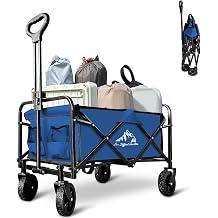 Garden Cart Folding Wagon with Small Wheel, Collapsible Outdoor Wagon Cart Heavy Duty with Universal Wheels & Adjustable Handle, Utility Grocery Wagon for Camping Shopping, Sports - Navy Blue