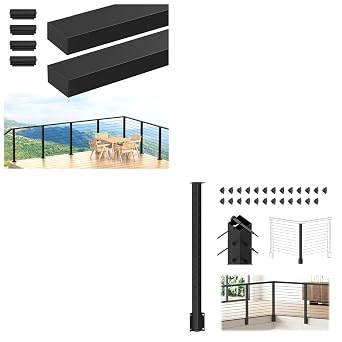4ft Black Cable Railing Handrail & 36" T-Drilled Inside Corner Post