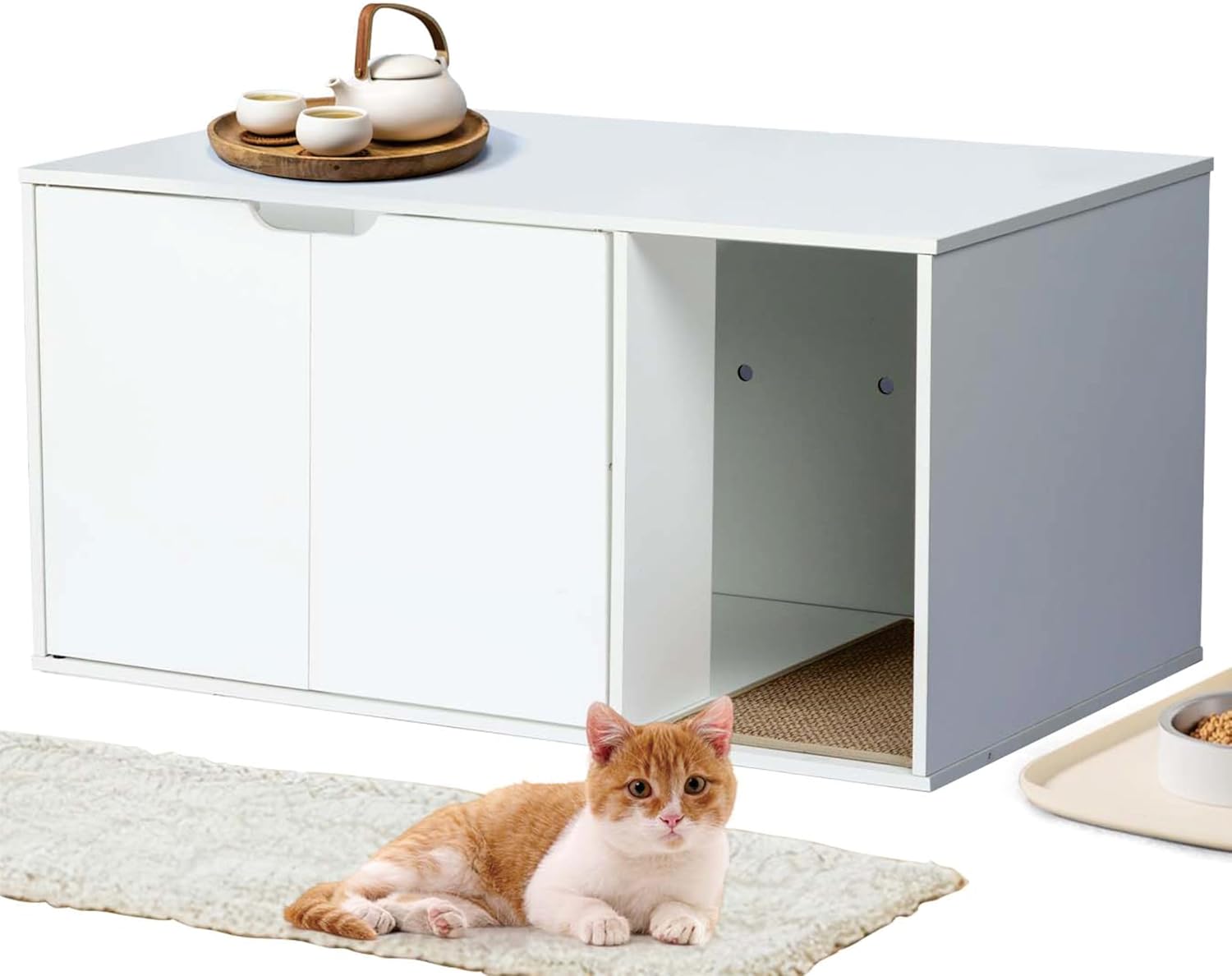 White Cat Litter Box Cabinet - Hidden Litter Box Enclosure with Odor-Proof Ventilation, Multi-Functional Side Table for Living Room, Modern Furniture for Small Spaces