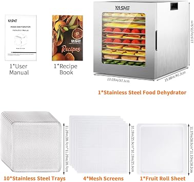 YASHE Dehydrators for Food and Jerky, 10 Stainless Steel Trays, 10 Presets Food Dehydrator Machine with 48H Timer and Temp Control, 850W, Herbs, Meat, Fruit, Dog Treats, Recipes Included