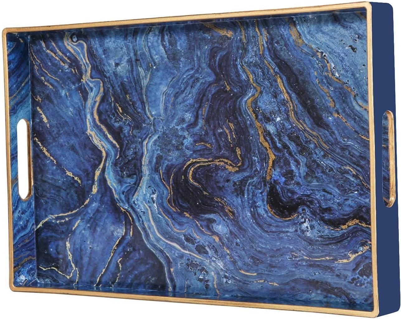 Zosenley Decorative Tray, Marbling Plastic Tray with Handles, Rectangular Vanity Tray and Serving Tray for Bathroom, Kitchen, Ottoman and Coffee Table, 15.6” x 10.2” (Blue)