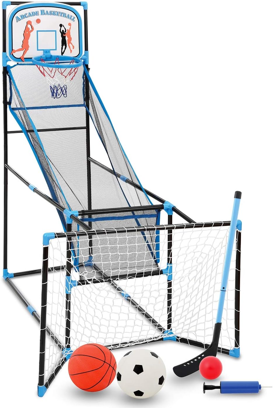 Bundaloo 3 in 1 Arcade Game | Basketball, Soccer, and Hockey Kids Toys | Fun Outdoor and Indoor Ball Games for Boys, Girls, Toddler | Includes 3 Balls, Backboard Hoop, Net Goal, Stick, and Air Pump