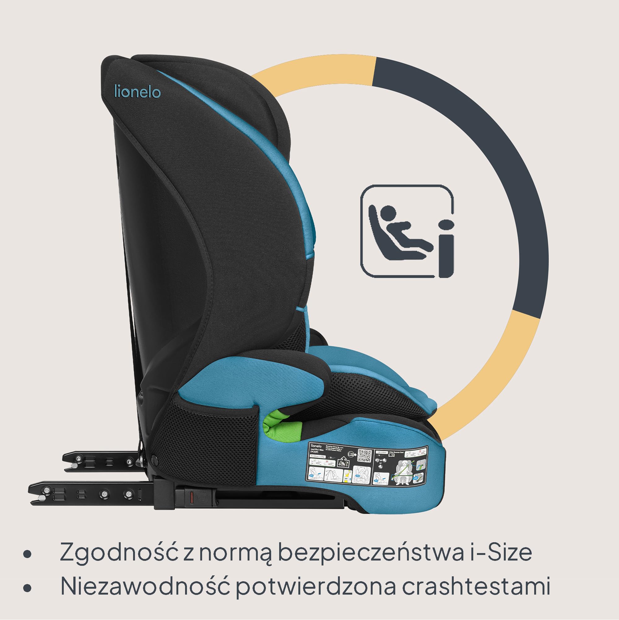 LIONELO LEVI FIX I-SIZE Dziecięcy Fotelik Samochodowy 76-150 cm do 36 kg, Grupa 1 2 3, Ochrona Boczna, 10 stopni Regulacji Zagłówka, Montaż ISOFIX i pas Top Tether, R129 i-Size