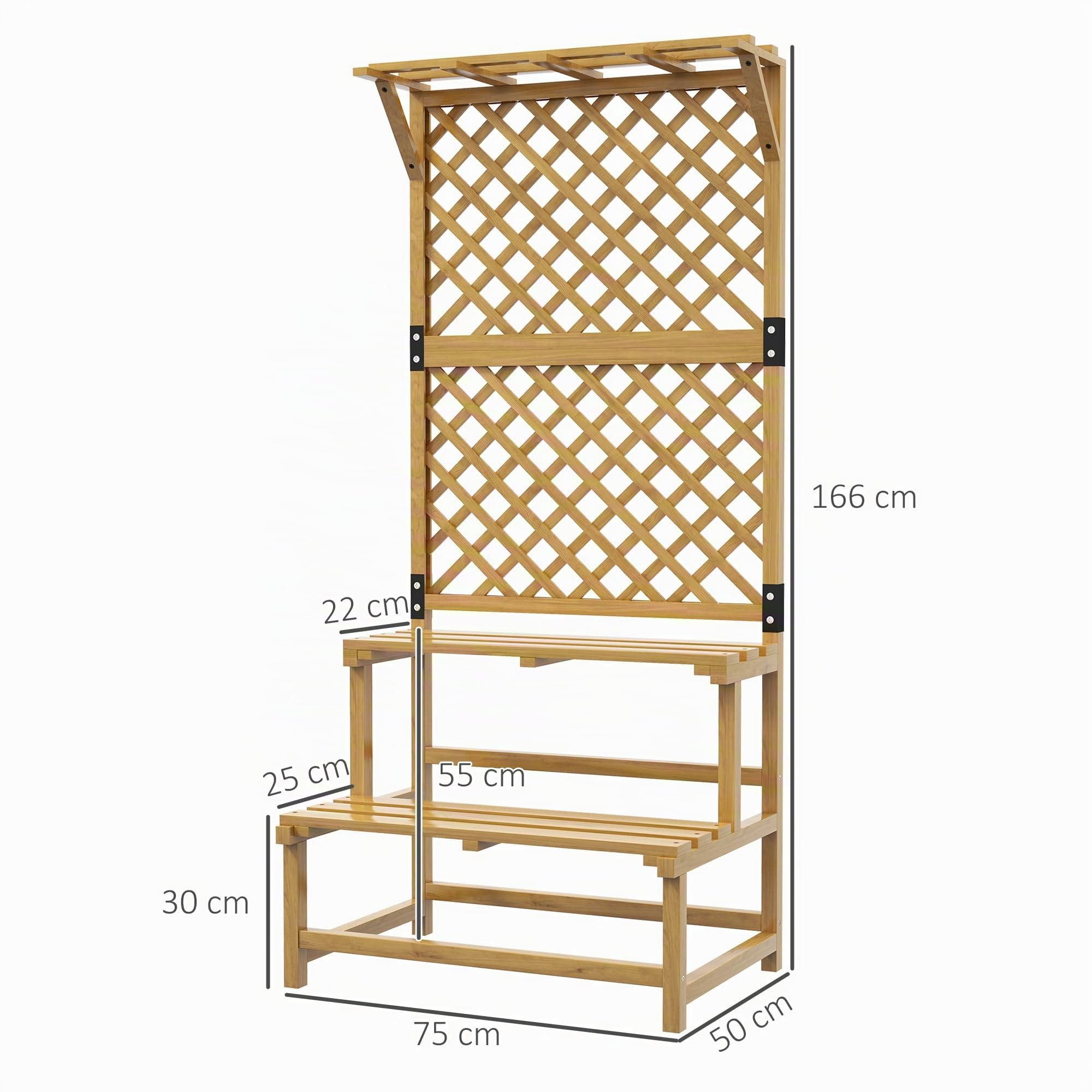Outsunny Escalier à fleurs avec tuteur, 2 marches, toit, escalier pour plantes d'intérieur et extérieur, support de fleurs en bois, étagère à fleurs à plusieurs étages pour jardin, balcon, 75 x 50 x