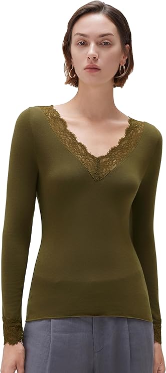 SUUKSESS Cloud Cashmere Women Basic Tops V Boat Neck Lace Long Sleeve Shirt