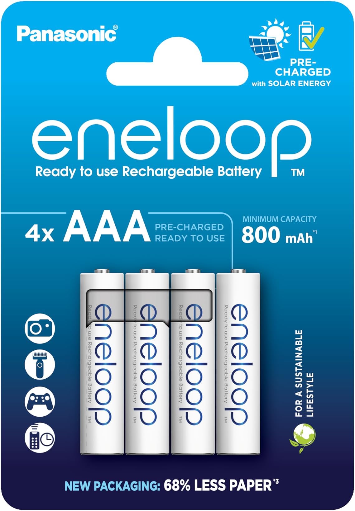 AAA/Micro NI-MH Battery, Pack of 4, Capacity with Min 800 mAh, Ready-to-Use NI-MH Batteries, Rechargeable up to 2000 Times, Plastic-Free Packaging, Standard, White