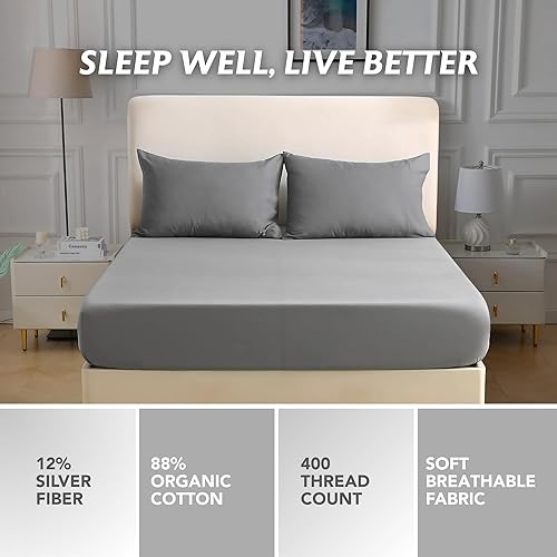 Miniatura 5 de Sábana bajera ajustable de 400 hilos, certificado GOTS, orgánico, 88% algodón y 12% fibra de plata, kit de sábanas de puesta a tierra tamaño King