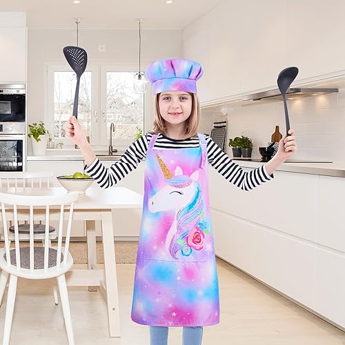 Miniatura 5 de MHJY Juego de delantal y sombrero de chef para niños, para cocinar, hornear, pintar, bonito delantal para niñas pequeñas con bolsillos, color azul y