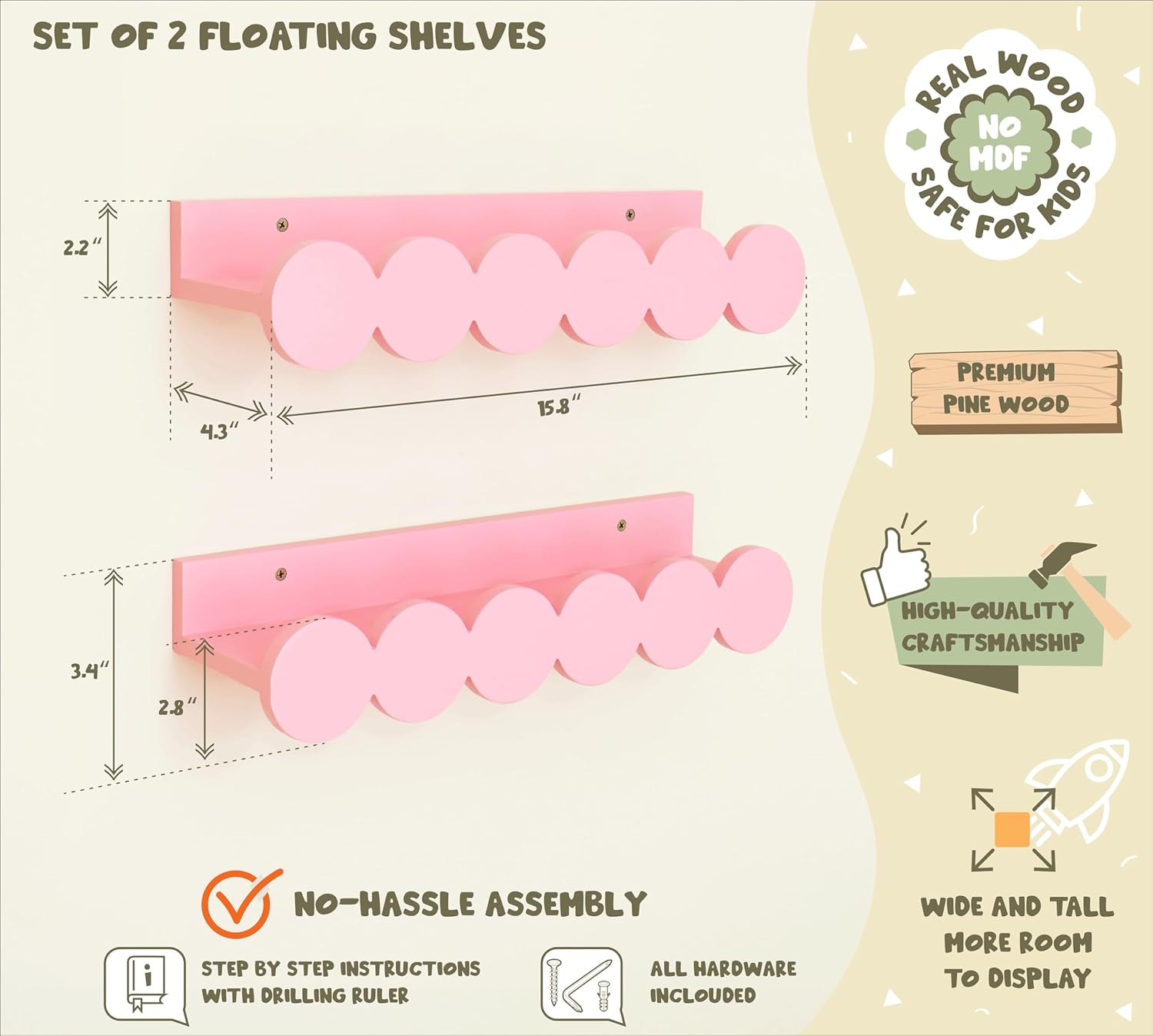 CNK Nursery Floating Shelves for Wall Mounted Set of 2 Book Shelf for Kids, Toddler, Baby Rooms Natural Pine Wood Bookshelf Toy Storage with Rack Playroom Decor - Peach Color
