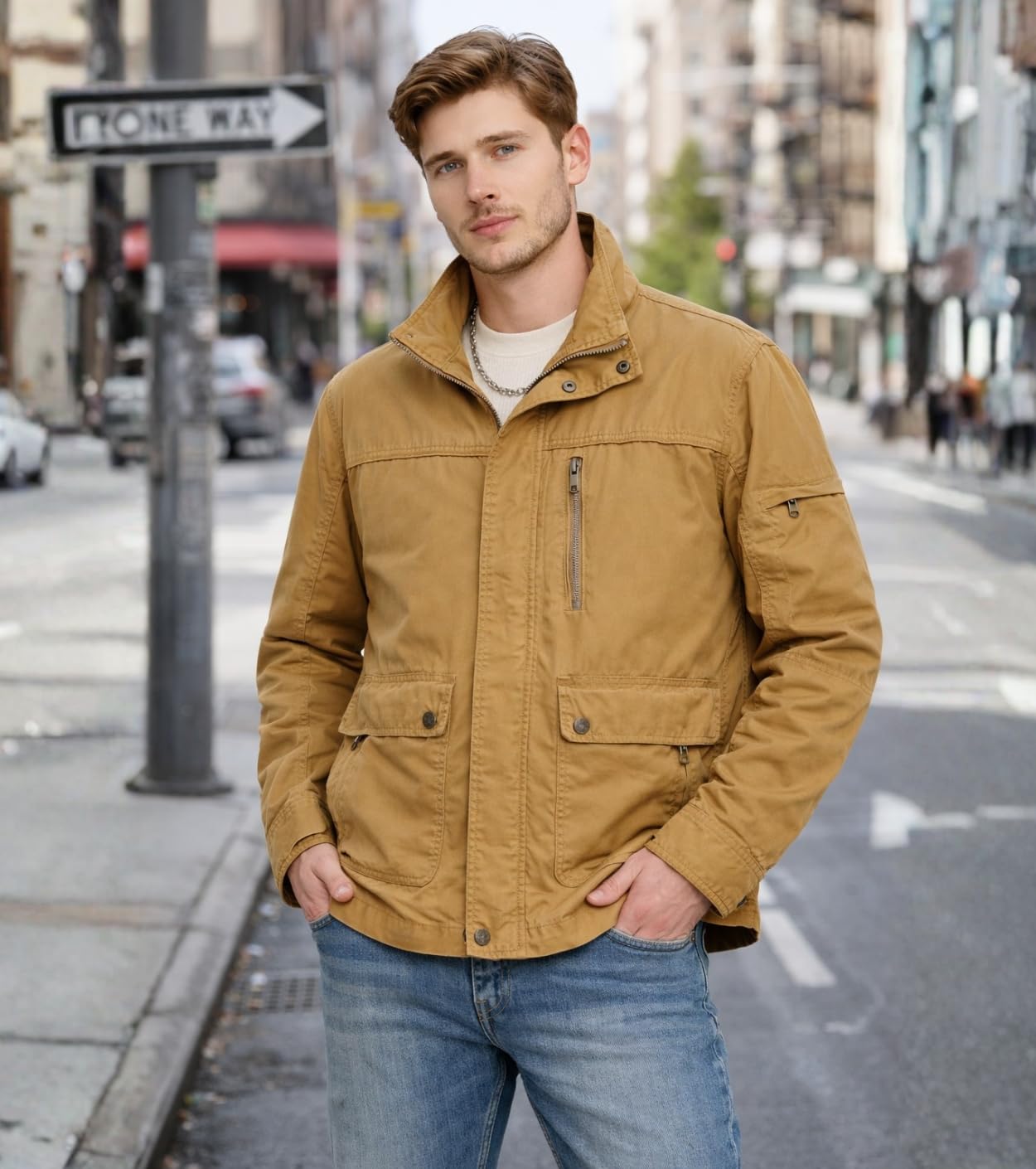 L'MONTE Men's Imported Winter-Ready Cotton Jacket - Stylish Design with Multiple Pockets, Stand Collar, and Relaxed Fit for Outdoor & Casual Wear (Earthy Yellow, M) 3