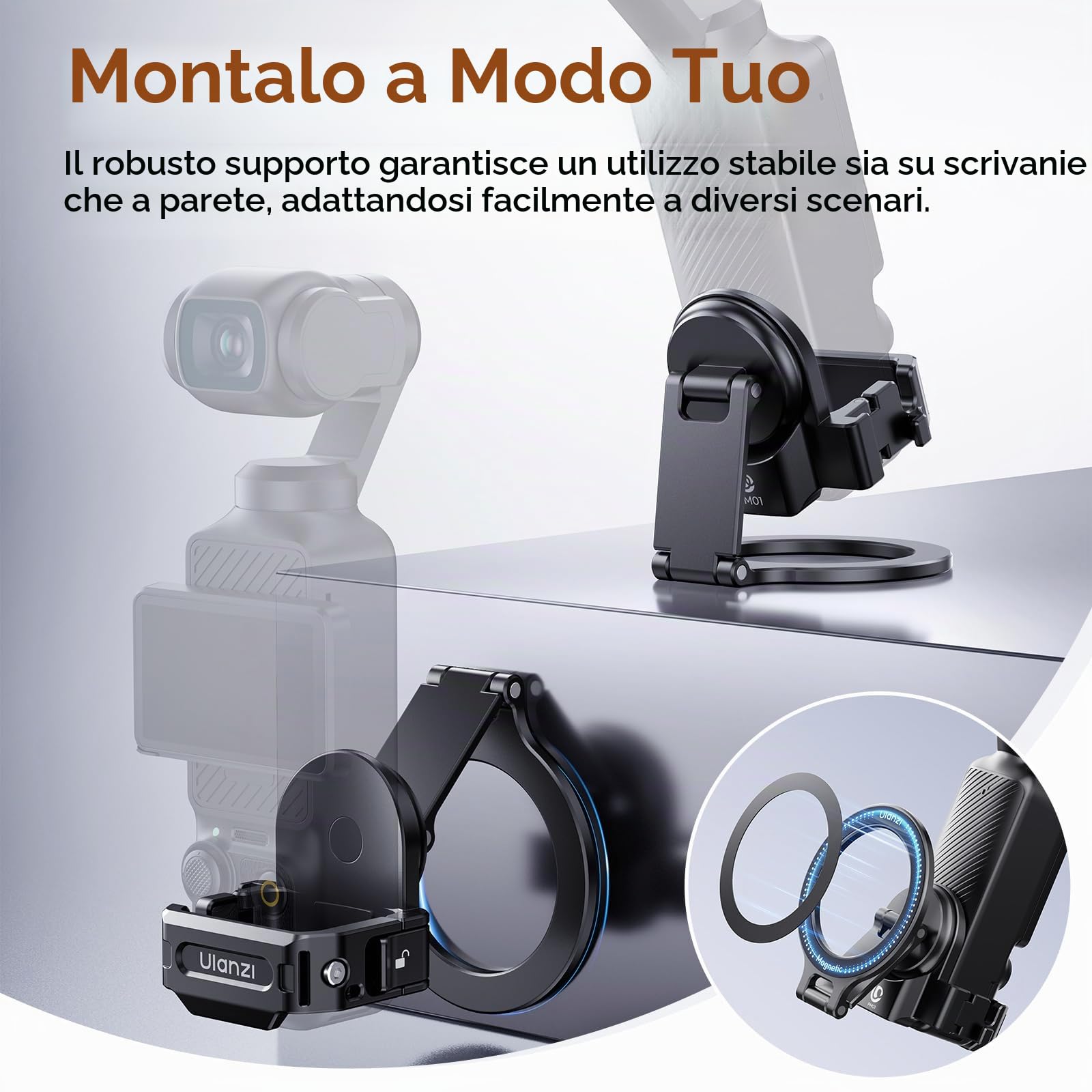 ULANZI PM01 Supporto magnetico compatibile con DJI OSMO Pocket 3, supporto per fotocamera ad espansione in alluminio con attacco a slitta fredda e supporto da 1/4", regolazione 181/270/360°, tasca