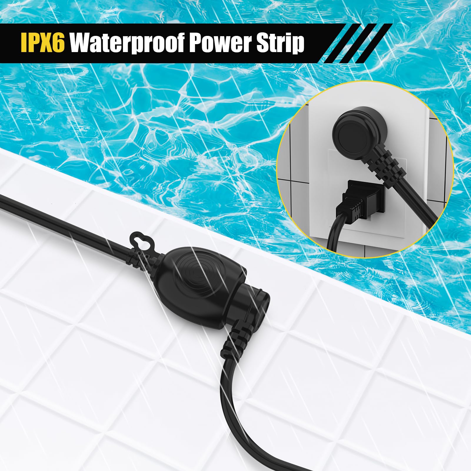 Cable de extensión impermeable de 6 pies, resistente al agua, IPX6, resistente al agua, clima frío y al fuego, cable de 3 clavijas, 18AWG 125V 10A, certificado FCC/ETL