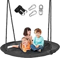 Vista 9 de Columpio de árbol de platillo de 43 pulgadas para niños, columpio redondo de textileno duradero, resistente, impermeable y resistente a todo