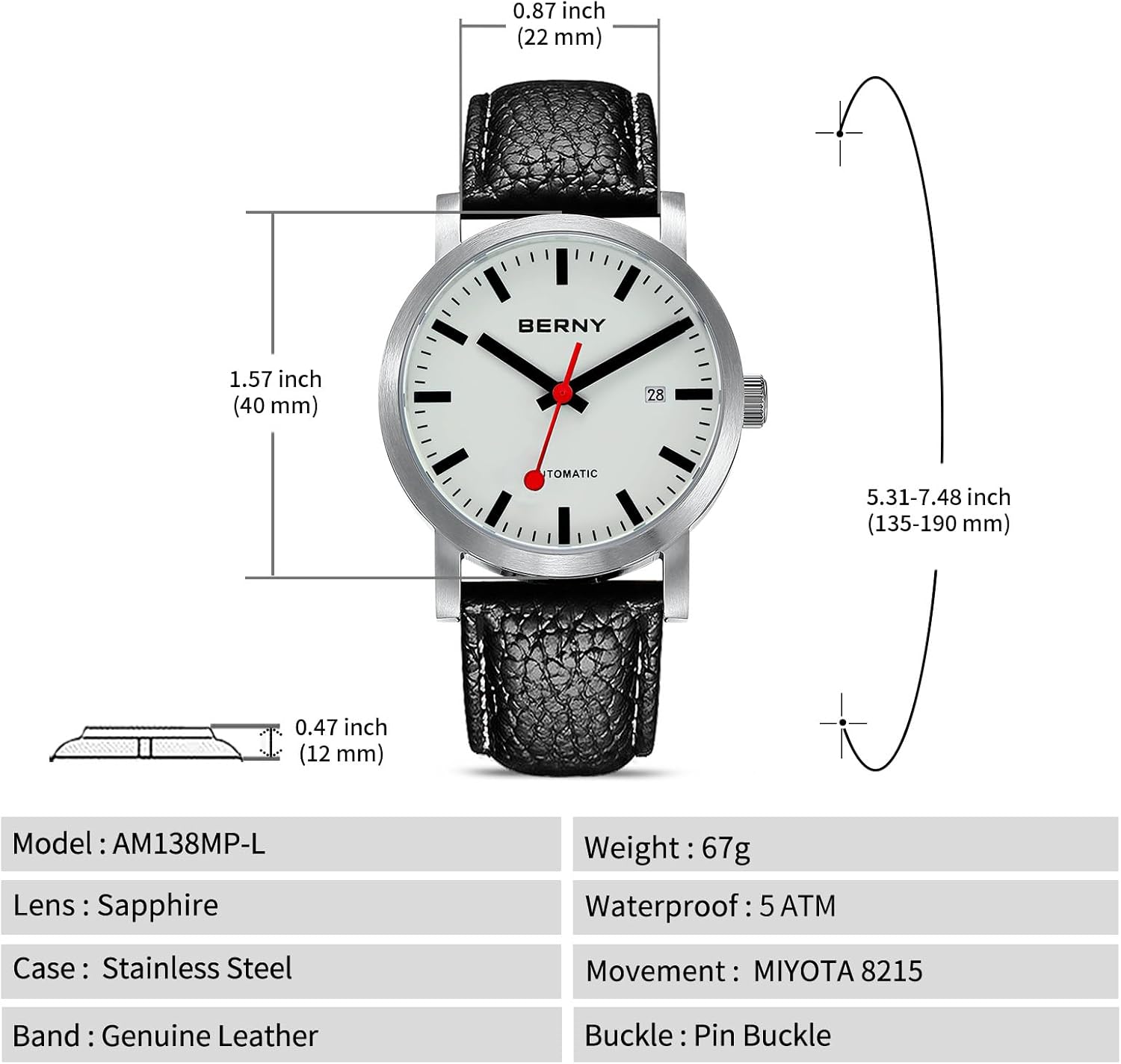 BERNY Classic Automatic Watch for Men Mechanical Self Wind Wristwatch MIYOTA 8215 Movement Stainless Steel Strap 5ATM Waterproof Full Luminous Dial Watches