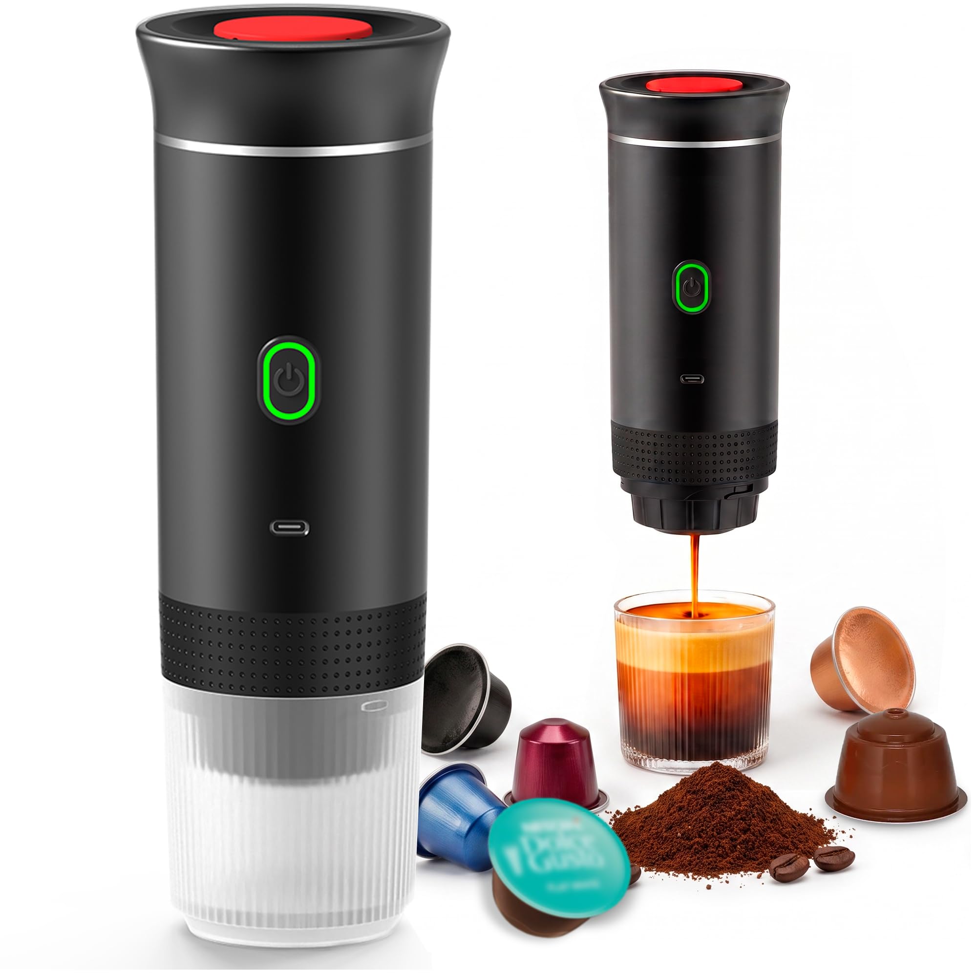 FORA Cafetera Portatil Espresso 3 en 1 - Capsulas y Cafe Molido, 20 Bares | Compatible Nespresso Original y Dolce Gusto. Bateria recargable USB-C, frio y caliente. Ideal coche, camping, oficina.