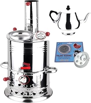 Stainless Steel Wood-Fired Samovar 4.2 Quart 4 Liters with 1.1 Quart 1 Liter Teapot & Single Tap