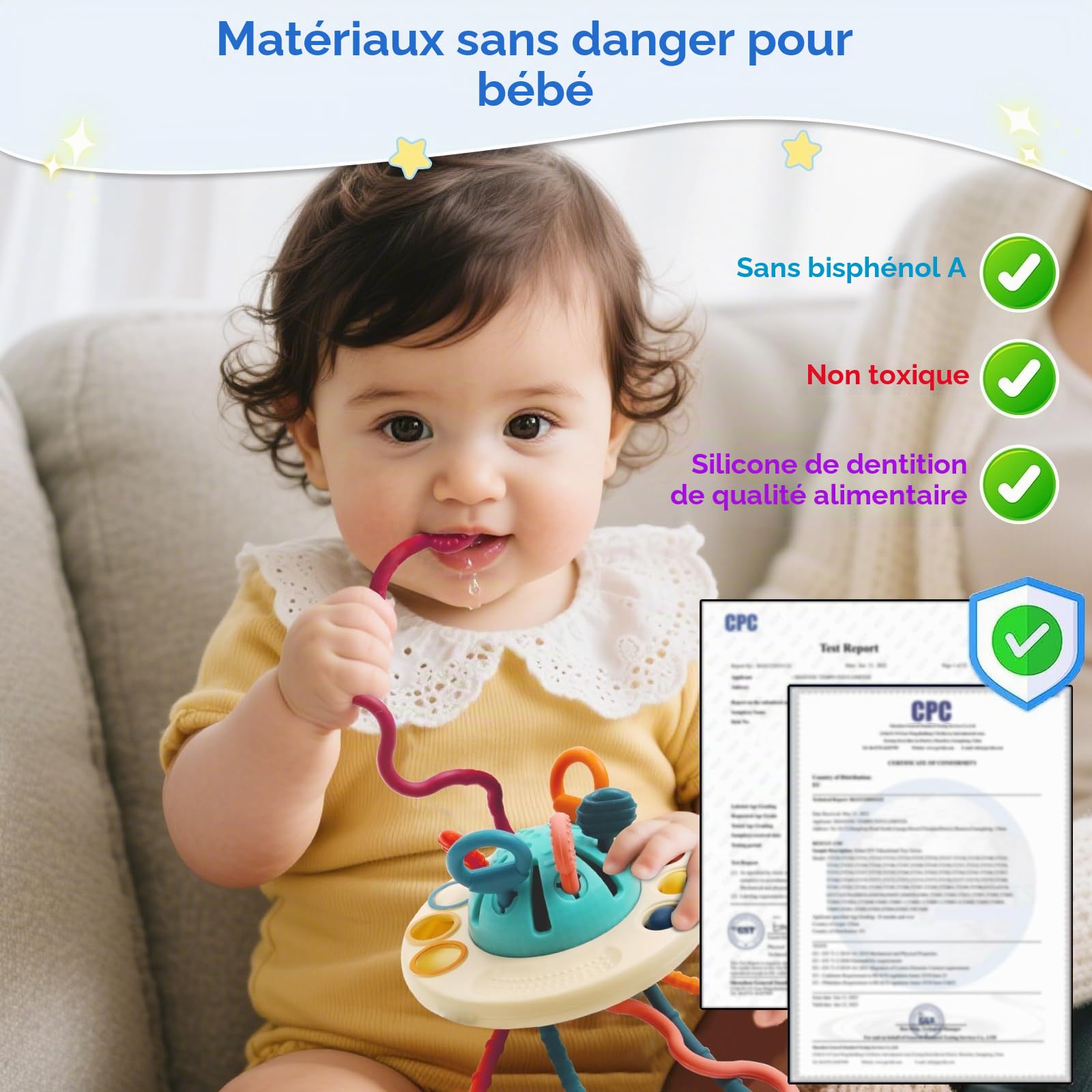 Jouet Sensoriel Montessori Bébé 1 an, Jouet à Tirer OVNI Éducatif Motricité Fine