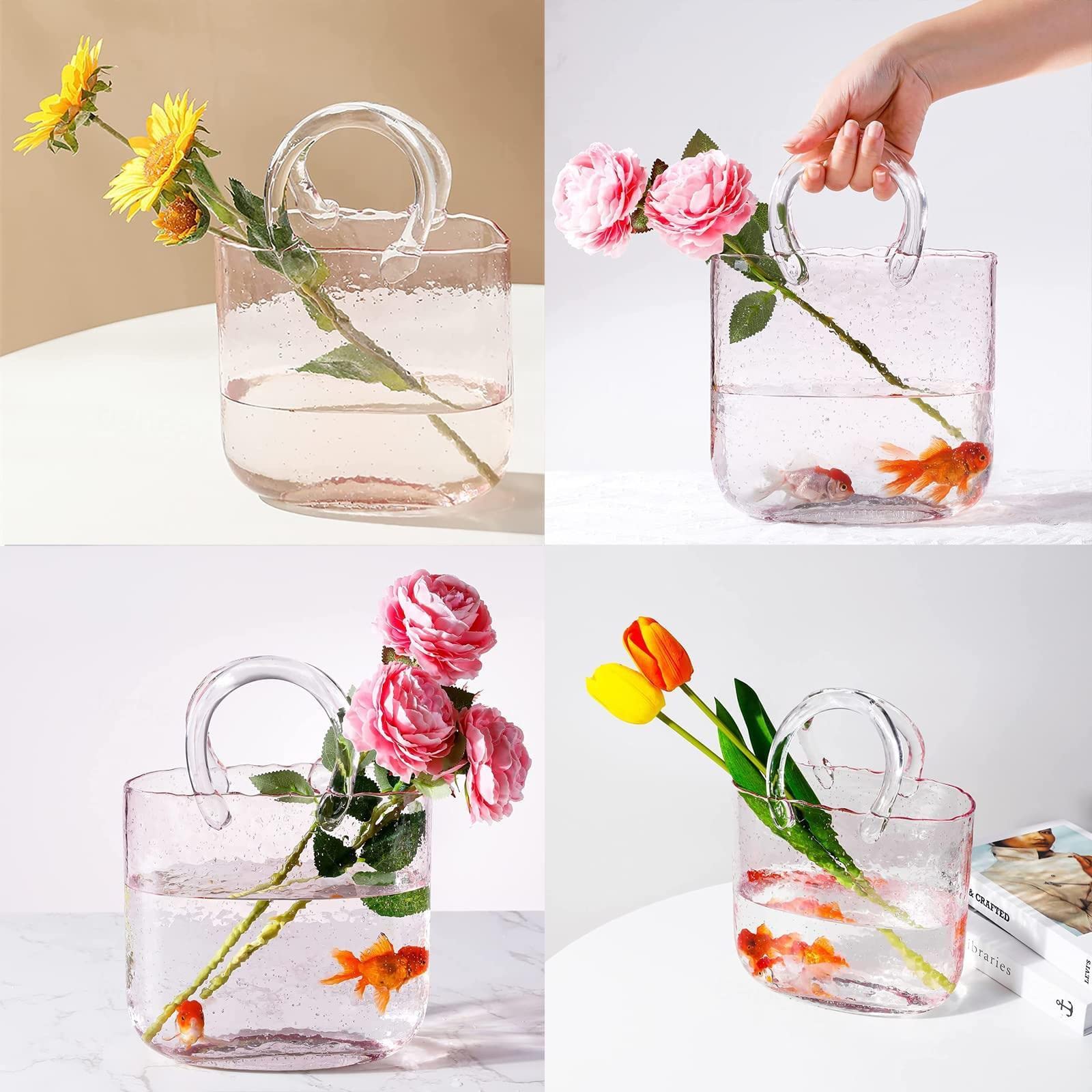 Vaso Portamonete in Vetro, Vasi Portamonete in Vetro con Manico Design Simpatico Vaso per Fiori ad Acquario in Vetro Trasparente, per Decorazioni Domestiche, Entrata, Eventi, Ufficio, Giardi