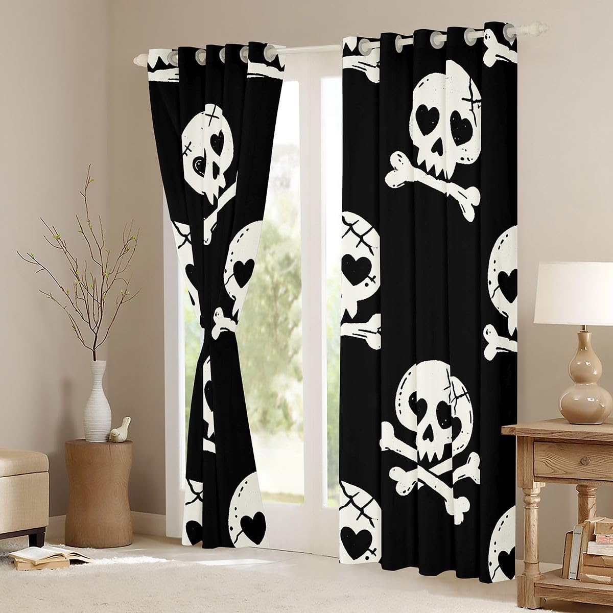 Feelyou Halloween Cute Skull Crossbone Curtains for Bedroom Living Room Heart Eye Cartoon Blackout Darkening Drapes Kawaii Spooky Window Treatments, 2 Panels 38 x 45 Inch Funny Room Decor Adorable image 3