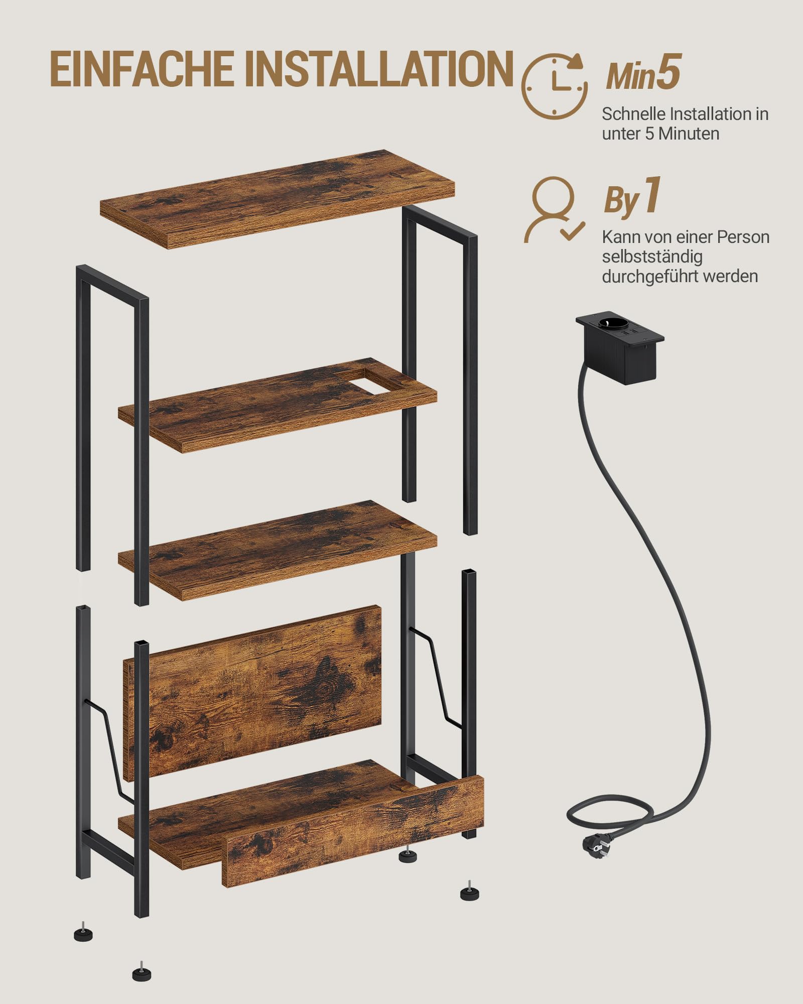 Hzuaneri Beistelltisch Schmal, 4-Stufiger Beistelltisch Couch mit Zeitschriftenhalter und Ladesteckdosen, Geeignet als Nachttisch für Wohnzimmer oder Arbeitszimmer, Vintagebraun-Schwarz ET40001BEU