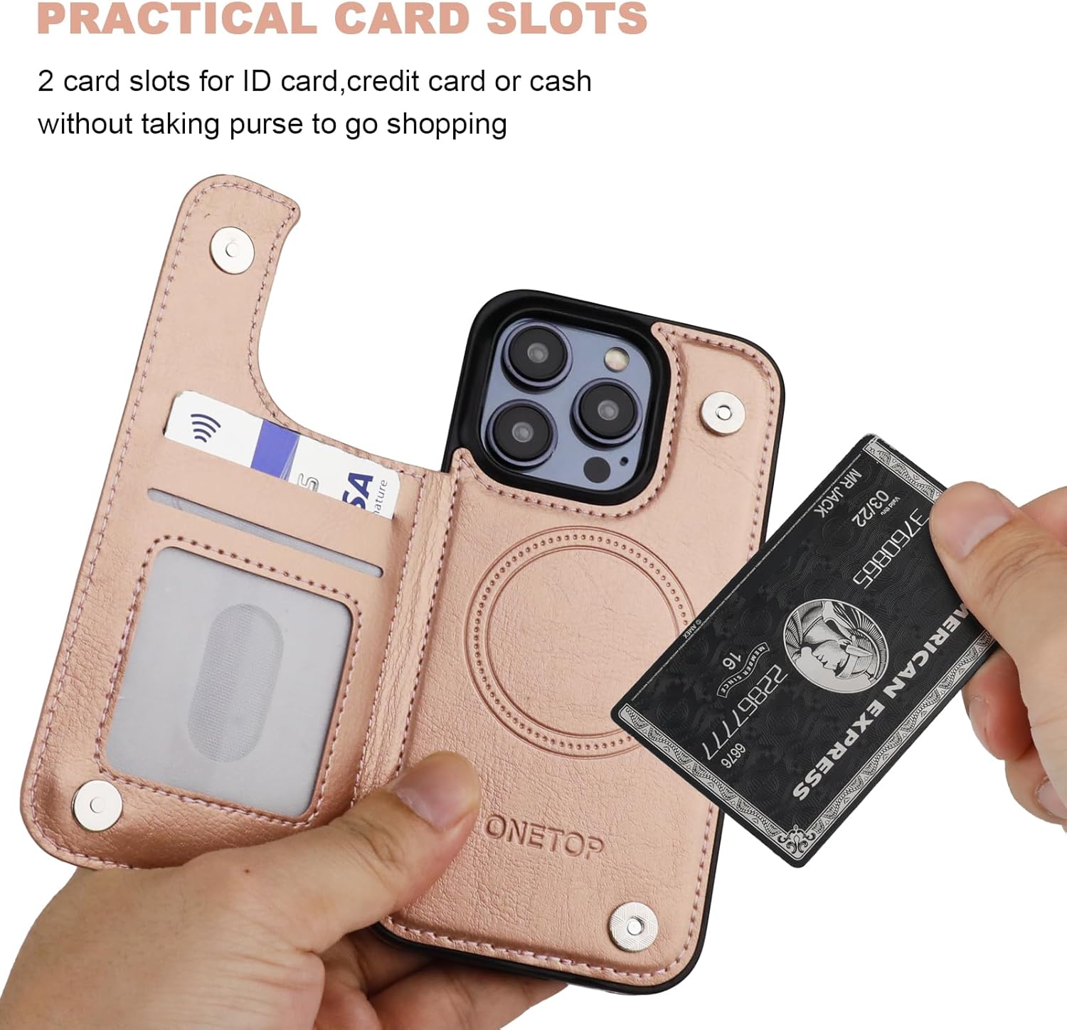 ONETOP Compatible with Magsafe for iPhone 15 Pro Wallet Case with Card Holder, PU Leather Kickstand RFID Blocking Case, Double Magnetic Clasp and Durable Shockproof Cover 6.1 Inch (Rose Gold)