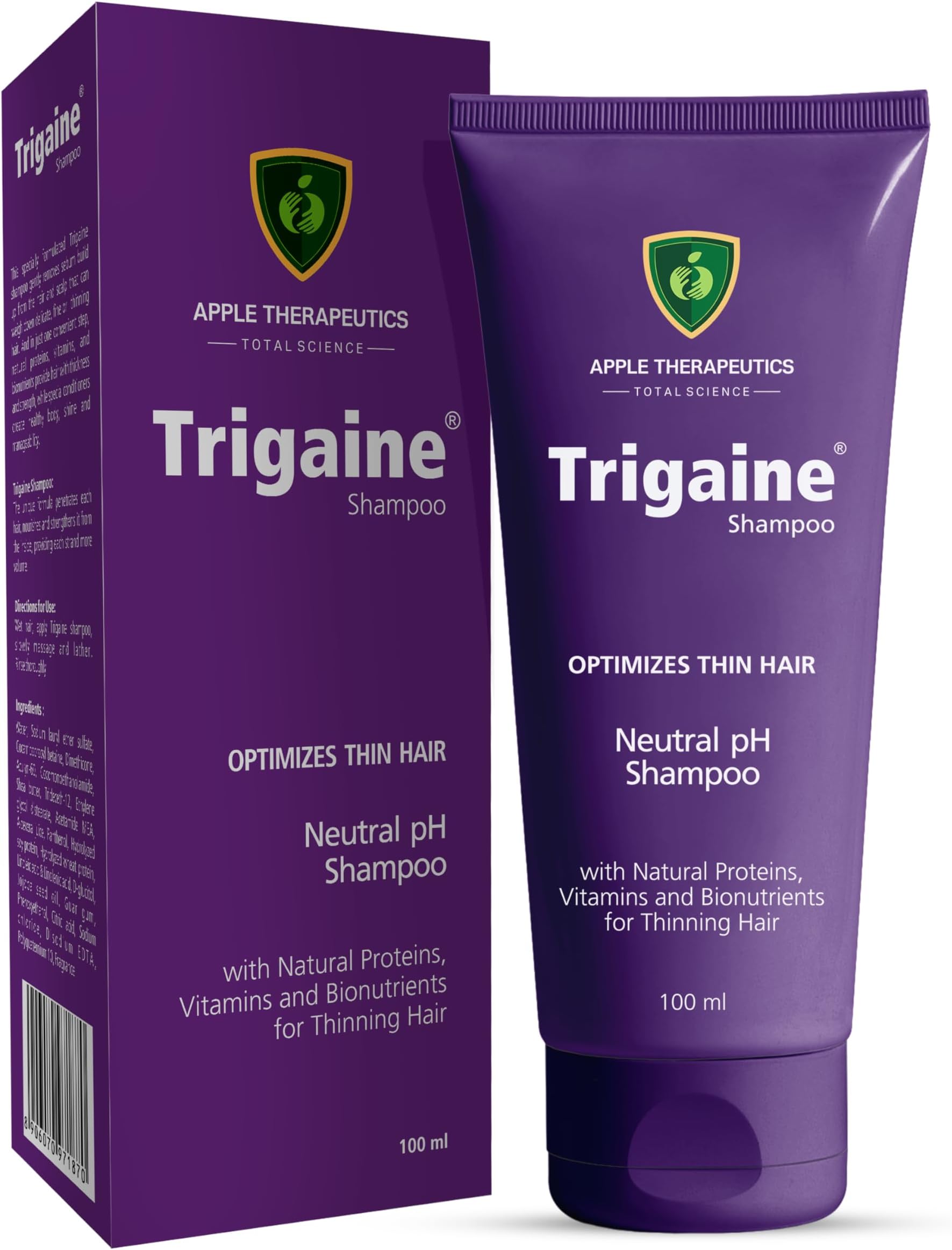 APPLE THERAPEUTICS Trigaine Shampoo (100ml) | pH Balanced Shampoo, Optimizes Thin Hair With Natural Proteins, Vitamins And Bionutrients Dermatologist-Recommended Shampoo for Hair Fall