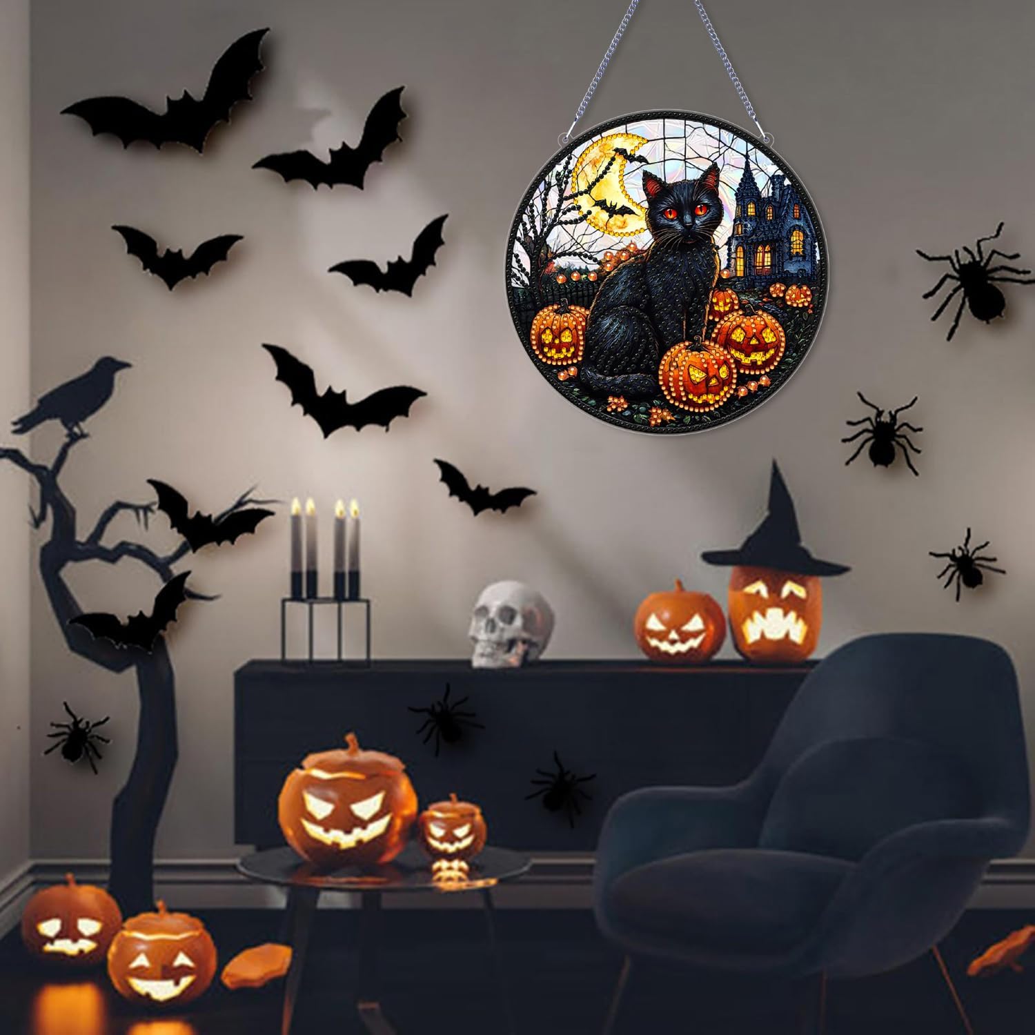 Halloween Decor for Home Diamonds Art kit Hanging Decorations, Black Cat Suncatchers Diamonds Painting Kit for Adult Gift DIY 5D Diamonds Dots, Special Crystal Diamond, Teens Decor&Gift-7.09x7.09 inch