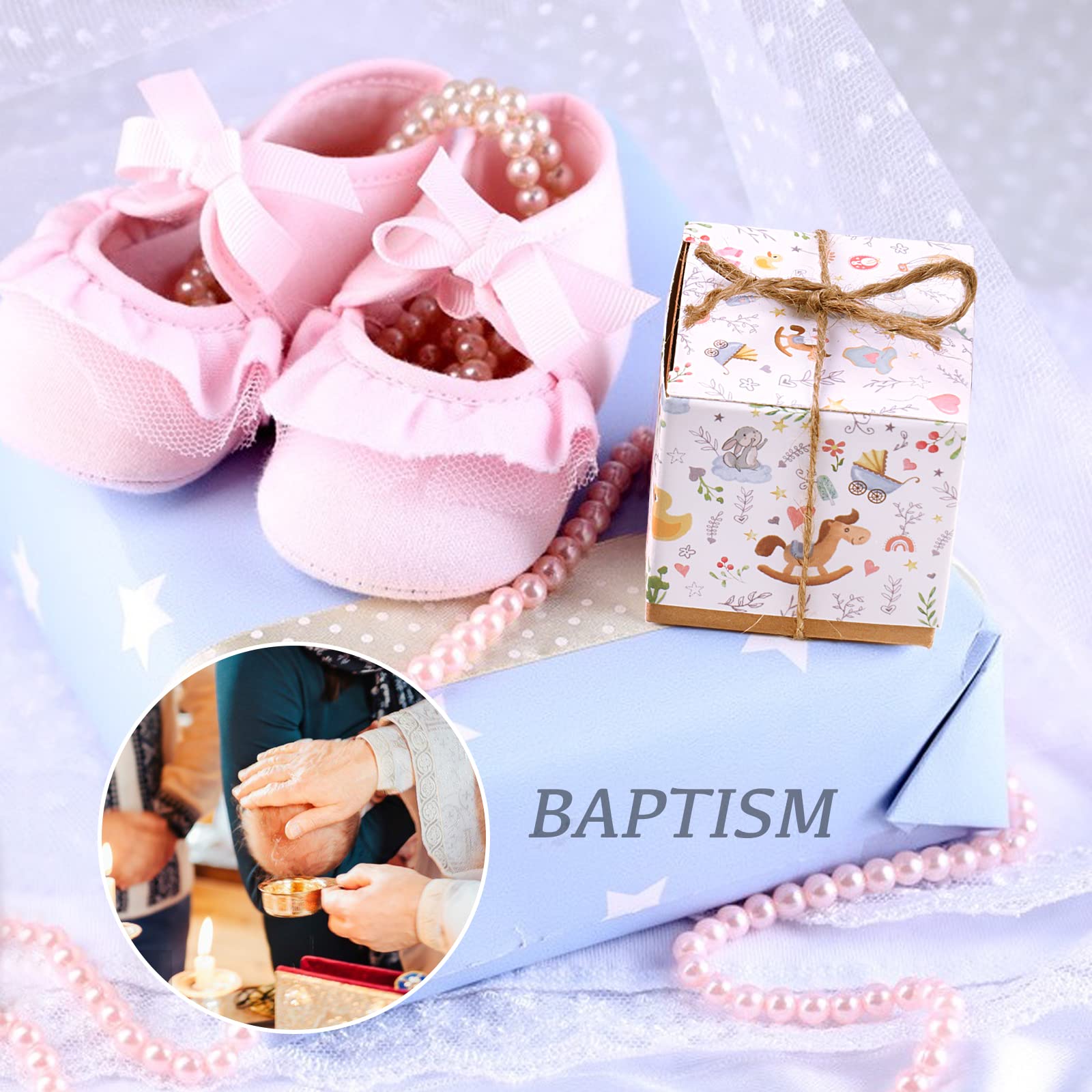50 Boîtes à Bonbons Baptême 5x5x5cm Avec Corde Jute - Éléphant Fleurs Baby Shower