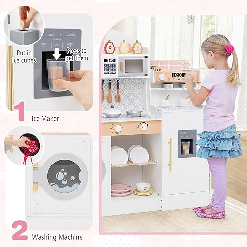 Miniatura 3 de HONEY JOY Juego de cocina para niños, juego de cocina de juguete de madera con luces, cafetera, microondas, fregadero, máquina de hielo, lavadora,