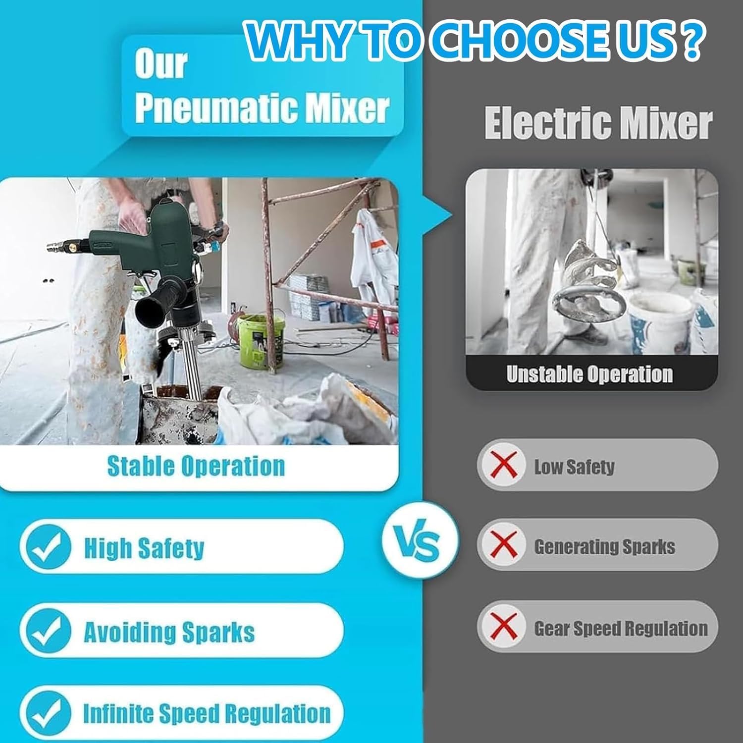Mezclador de pintura neumático, velocidad ajustable 1800 RPM, mezclador de mano para pintura, masilla, cemento, reduce las salpicaduras de material para una mezcla eficiente
