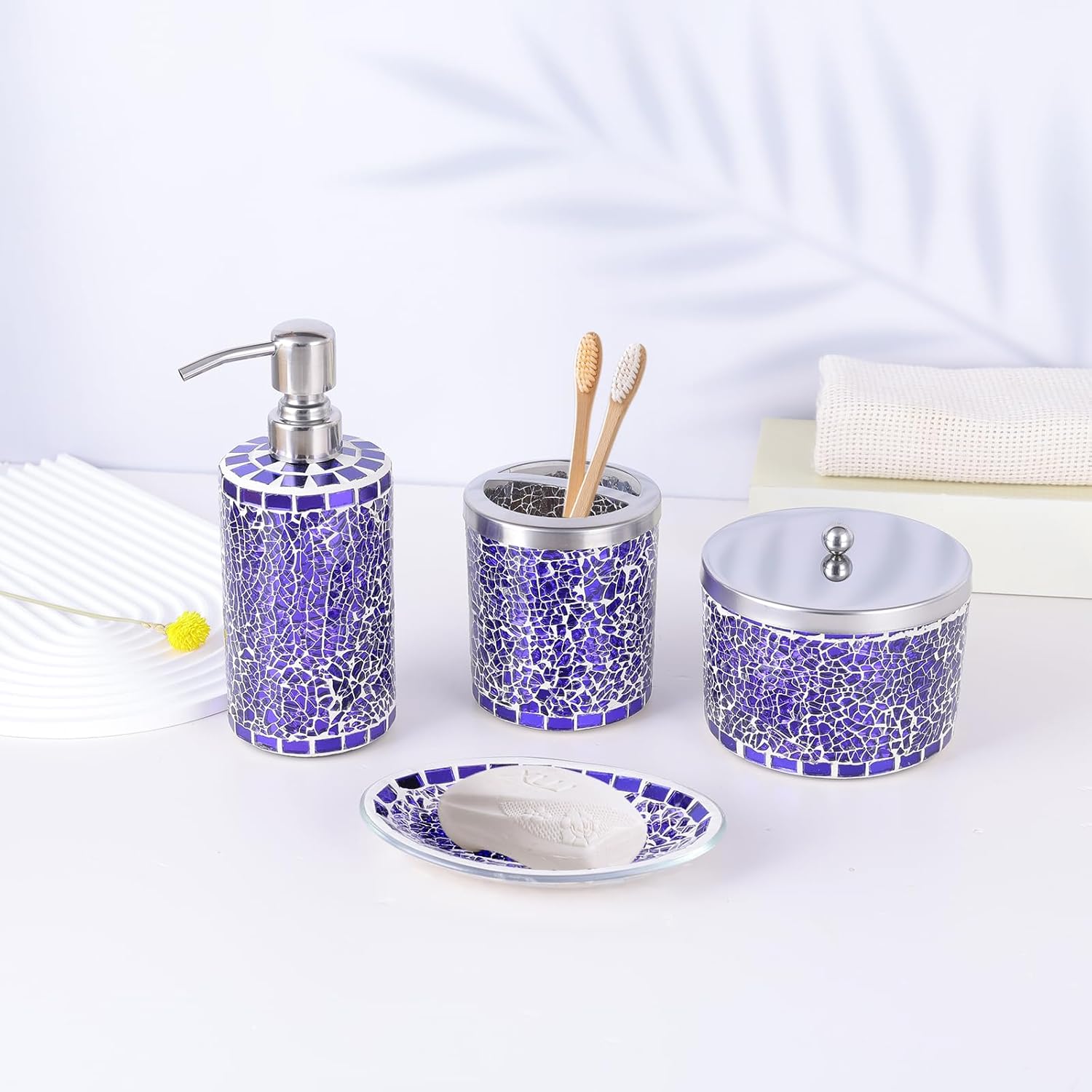 Purple Bathroom Accessory Set - Mosaic Bathroom Decor 4-PCS Includes Soap Dispenser, Soap Dishes, Q Tip Dispenser, Toothbrush Holder, Luxury Home Bathroom Decor Gift (Purple)
