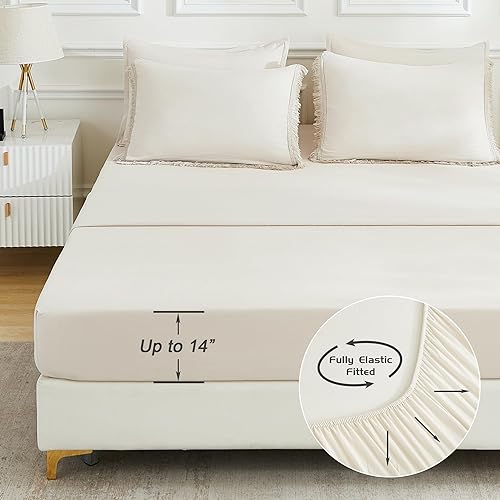 Miniatura 5 de Andency Juego de Edredón Tamaño King de 7 Piezas, Cama Beige en una Bolsa King Esponjosa Boho con Borlas, Juego de Ropa de Cama con Flecos Color