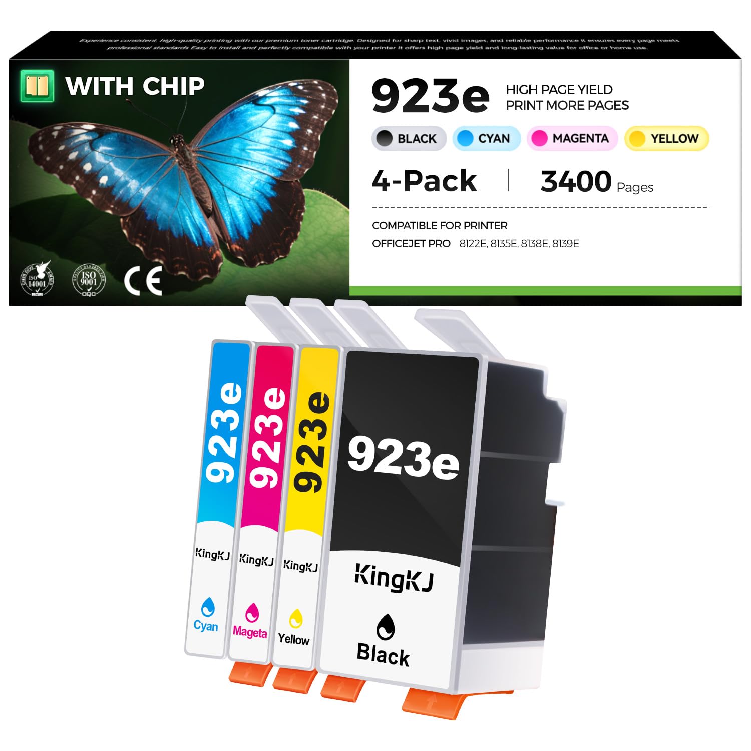 KingKJ 923e Ink Cartridge with Chip 4-Pack Replacement for HP 923 923e Ink Compatible with HP OfficeJet 8122e OfficeJet Pro 8135e 8138e 8139e 8120 8130 Printers 923XL 4K0T7LN 4K0T4LN 4K0T5LN 4K0T6LN