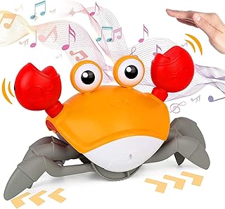 Sensing Crawling Crab Baby Toys: Tummy Time Electric Interactive Learning Entertainment Toy Automatically Avoid Obstacles Crab Toy with Music and LED Light Up for Boys and Girls (Orange)