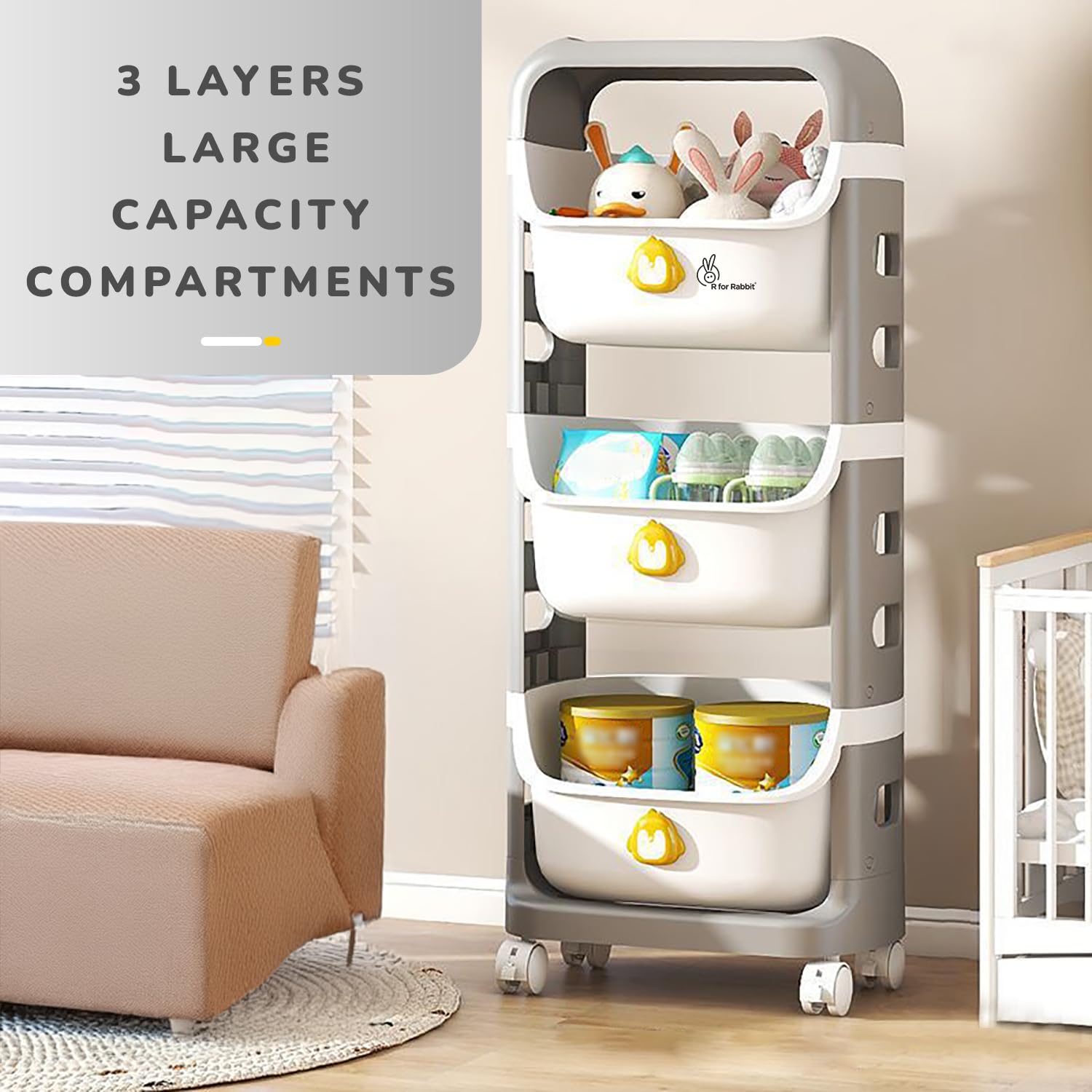 R for Rabbit Kiddo Korner Frosty Organizer for Kids Toys/Books & Baby Clothes Wardrobe | Detachable 3 Level Storage Organiser | Easy Plug N Play Installation & Lockable Wheels (Grey White) 2