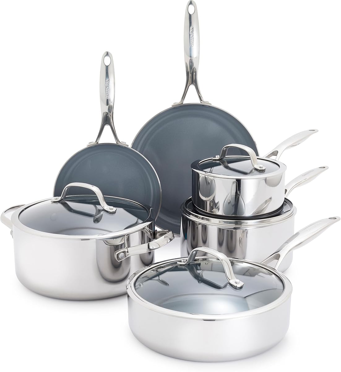 Valencia Pro Tri-Ply Stainless Steel 10 Piece Cookware Set, PFAS-Free Ceramic Nonstick Coating, Induction Ready Pots & Pans, All Cooktops, Dishwasher & Oven Safe to 600F