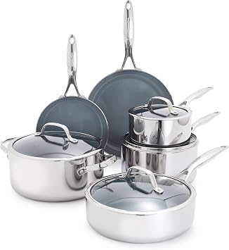 GreenPan Valencia Pro Tri-Ply Stainless Steel 10 Piece Cookware Set, PFAS-Free Ceramic Nonstick Coating, Induction Ready Pots & Pans, All Cooktops, Dishwasher & Oven Safe to 600F