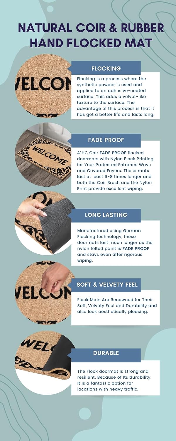 A1HC Natural Coir Flocked Doormat with Heavy Duty Non-Slip PVC Backing Easy to Clean, Fade Resistant, Low-Profile Durable Doormat (Welcome Floral Border Black, 24x36)