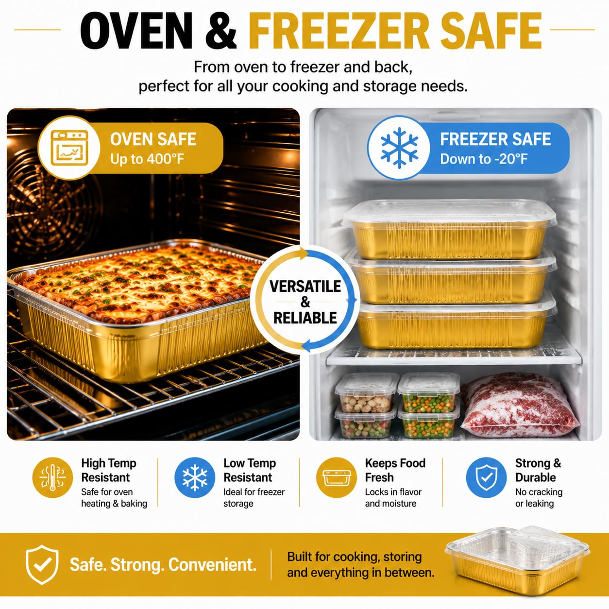 Paquete de 15 sartenes de aluminio resistentes con tapas de 9 x 13 pulgadas, bandeja de aluminio dorado para hornear de tamaño medio, contenedor de alimentos de doble grosor con tapas para