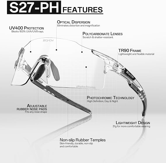 SCVCN Photochromic Cycling Glasses Sports Sunglasses Men Women Clear Bicycle MTB UV400 Protection TR90 Frame Bike