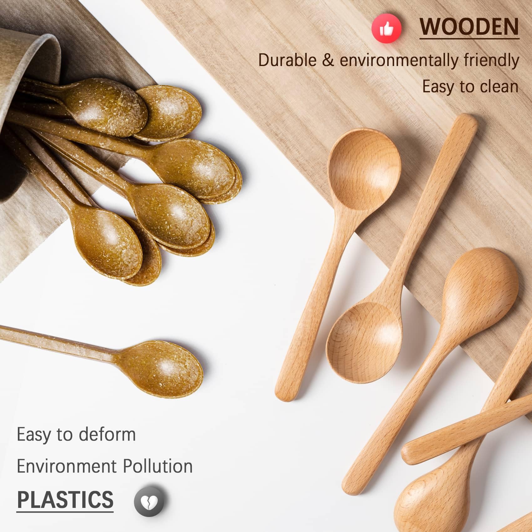 TOP-MAX Lot De 10 Mini Cuillères En Bois Faites à La Main - Petites Cuillères De Service Pour Miel, Thé, Sucre, Confiture, Moutarde - 15 Cm