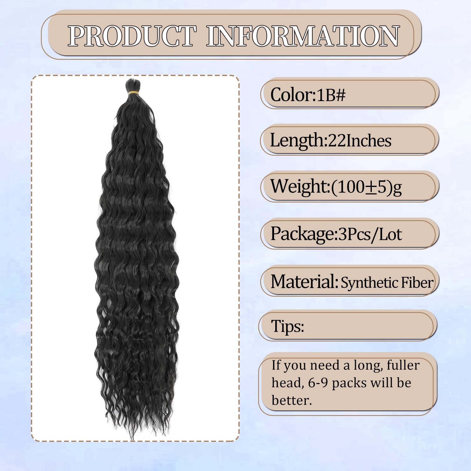 FANLUTYIN 22 Inch Curly Crochet Braiding Hair 3 Packs Ocean Wave Crochet Hair Extensions Deep Wave Synthetic Braiding Hair Curls Hair Twist Water Wave Braided Hair (1B - Image 3