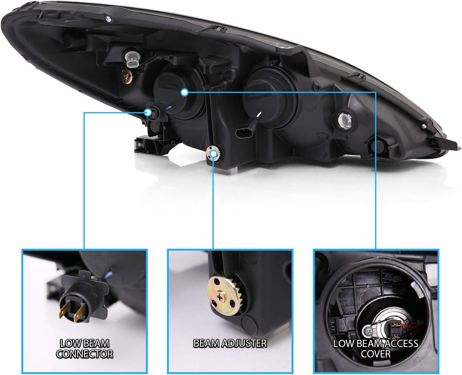 Rear view of the headlight assembly showing the low beam connector, beam adjuster, and low beam access cover.