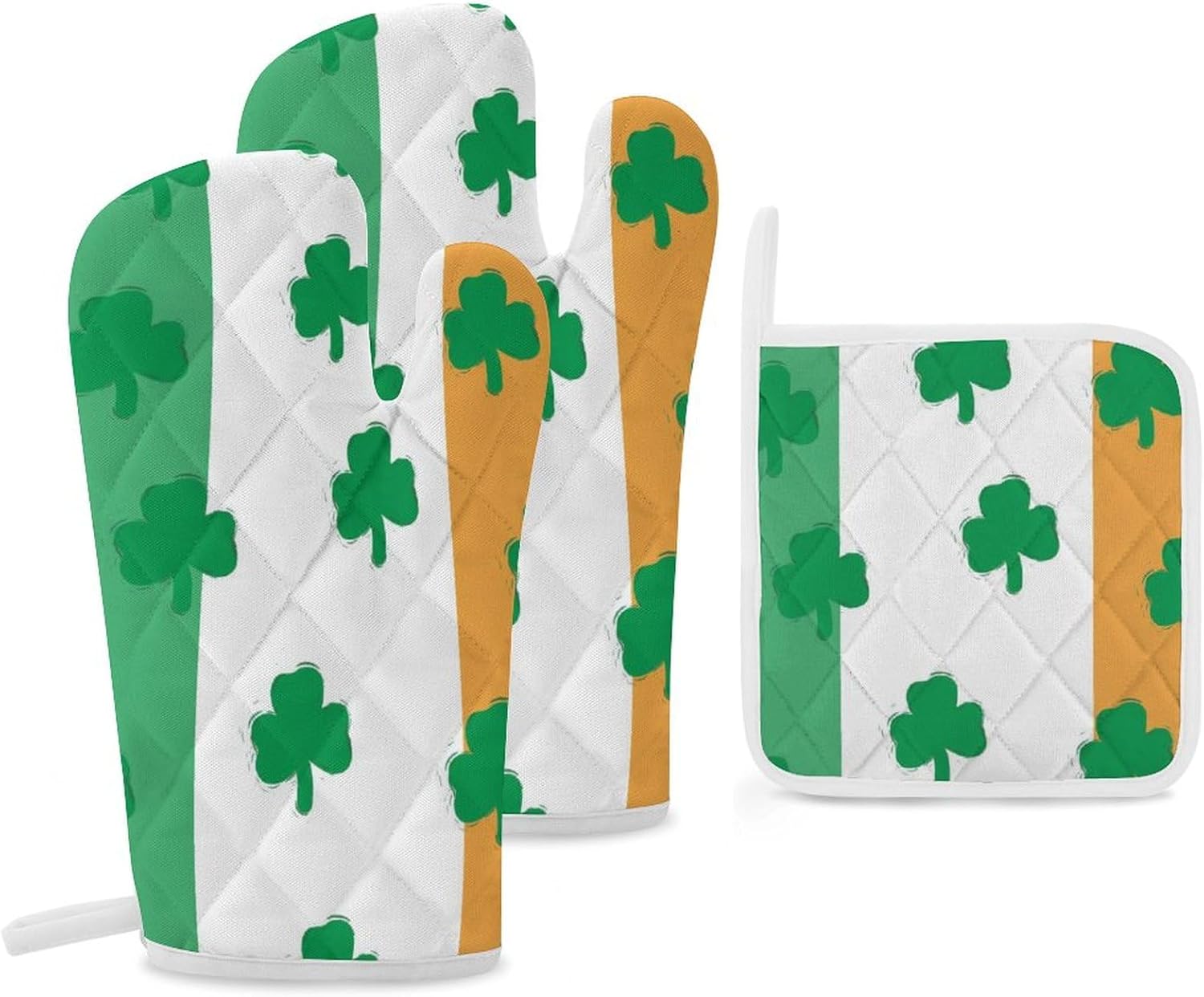 Clovers on The Irish Flag Print Oven Mitts and Pot Holders 3 Piece Sets Heat Resistant Gloves Hot Pads Potholders for Kitchen Baking Cooking
